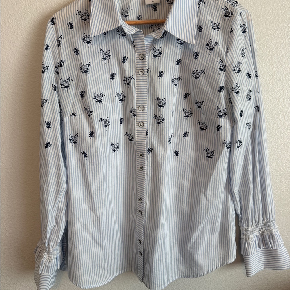 CAbi Blue and White Striped Shirt with Floral Design